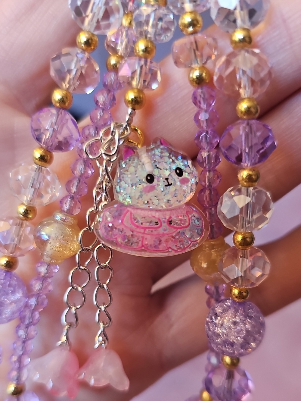 Sparkly Kawaii Cat Beaded Phone Charm